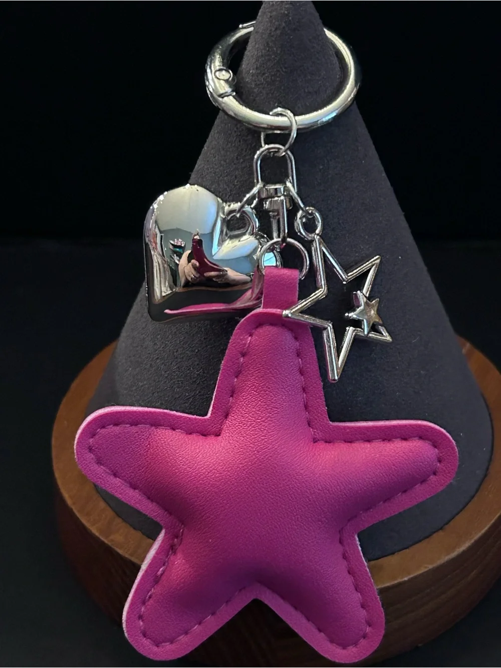 FauxLeather Star Bag Charm Keychain w/Silver Heart & Star Charms Choice of Color